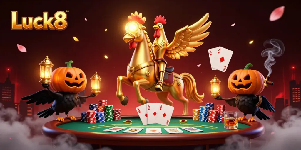 Experience the thrilling ambiance of Luck8's midnight casino featuring golden rooster and companions.