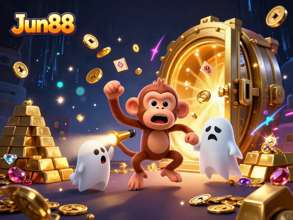 Experience thrilling gaming action at Jun88's haunted casino with a playful poltergeist and a curious puppy.