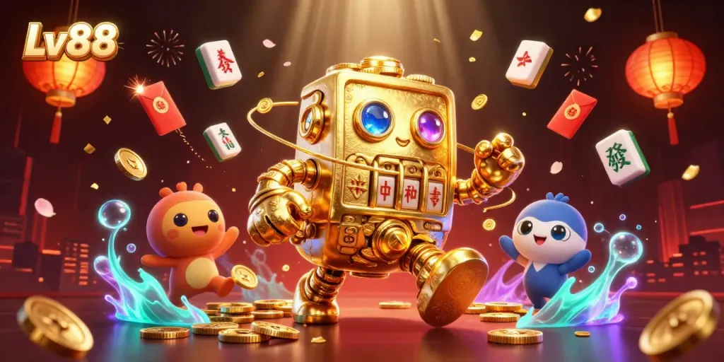Engage with top-tier gaming solutions at Lv88 featuring dynamic golden golem and vibrant casino symbols.