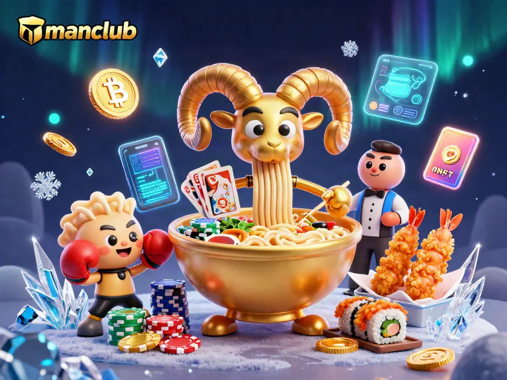 manclub showcases a vibrant casino-themed scene with a golden bowl dealer surrounded by crypto coins and sushi characters.