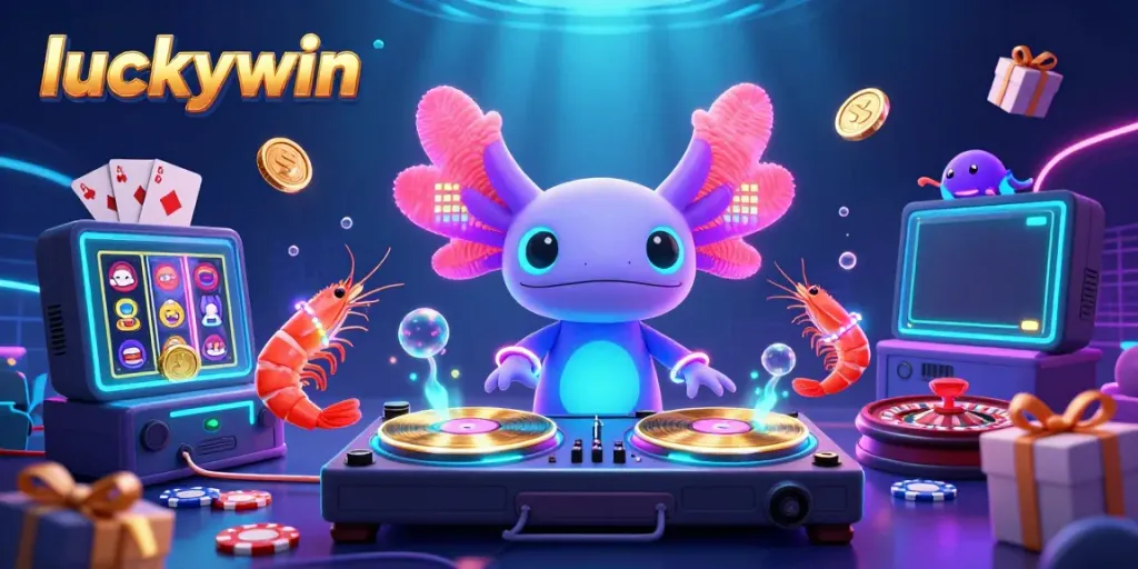 Engage with luckywin's vibrant underwater casino scene featuring a neon axolotl DJ, dancing shrimp, and dynamic slot games.