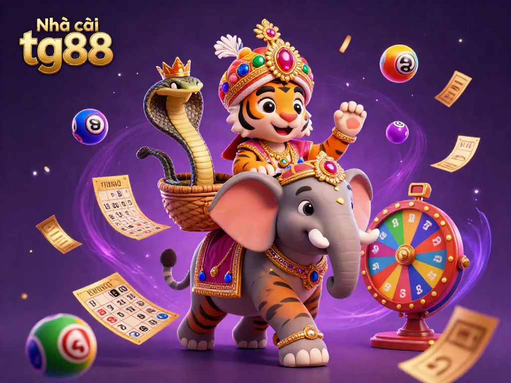 Engaging scene featuring Nhà cái tg88 with a maharaja tiger, jewel-studded elephant, and cobra amidst vibrant gambling elements.