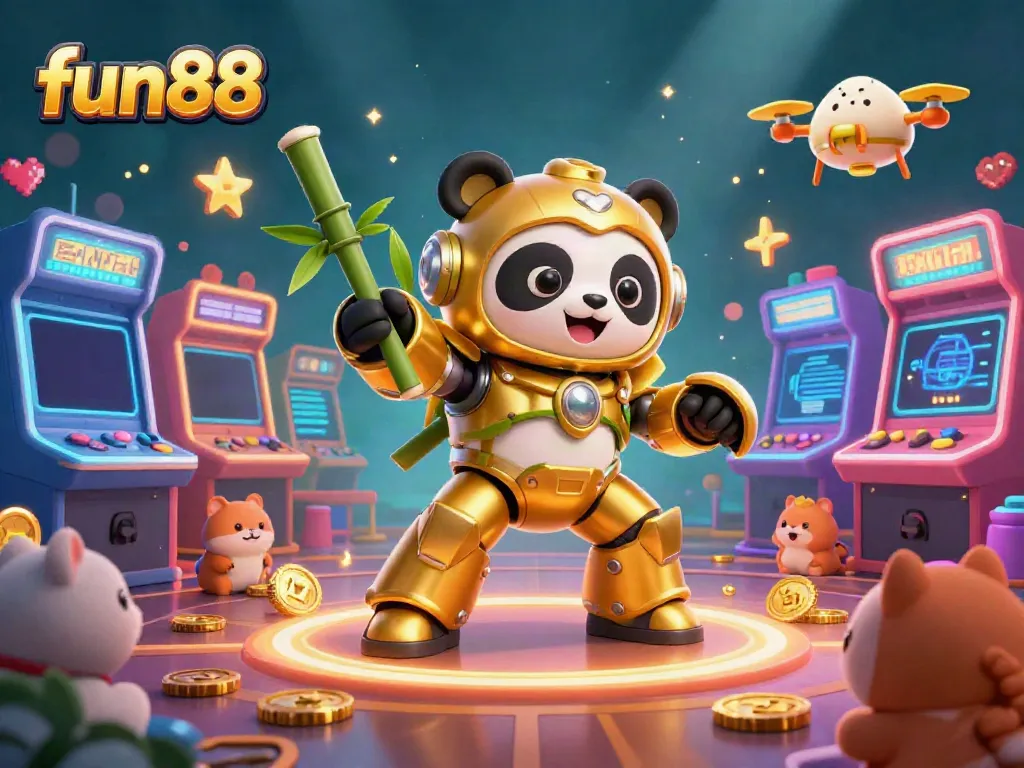 Engage with fun88's dynamic gambling universe featuring a mech-suit panda in a festive casino setting.