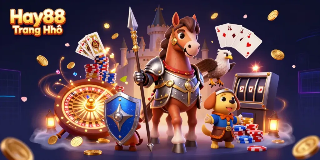 Engaging illustration showcasing Hay88 Trang Chủ with a knight, puppy, and falcon amidst casino elements.