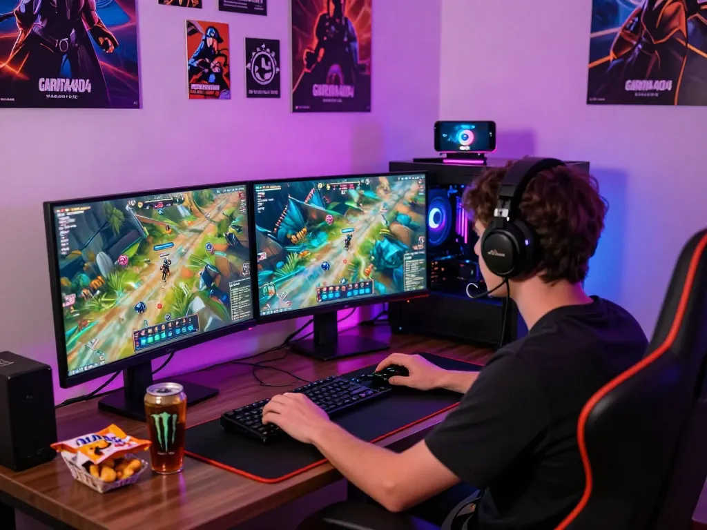 Immersive gaming atmosphere of Garuda404 with vibrant graphics and snacks.