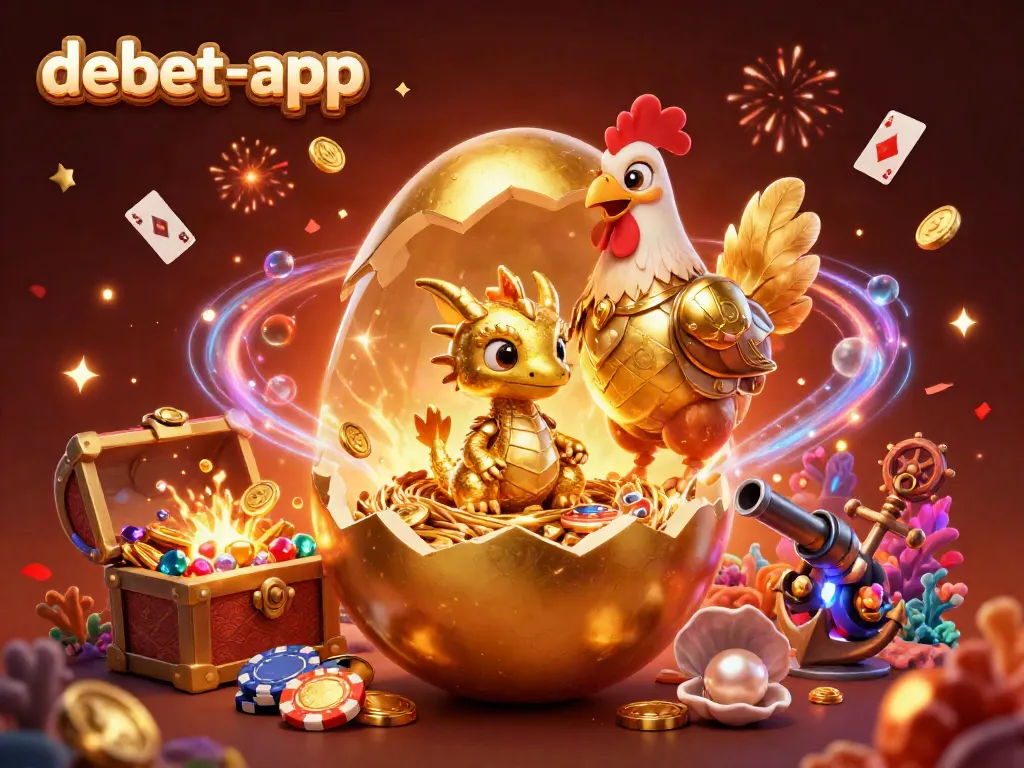 Engage with debet-app as a golden dragon emerges from a treasure-filled nest of poker chips, amid vibrant casino elements.