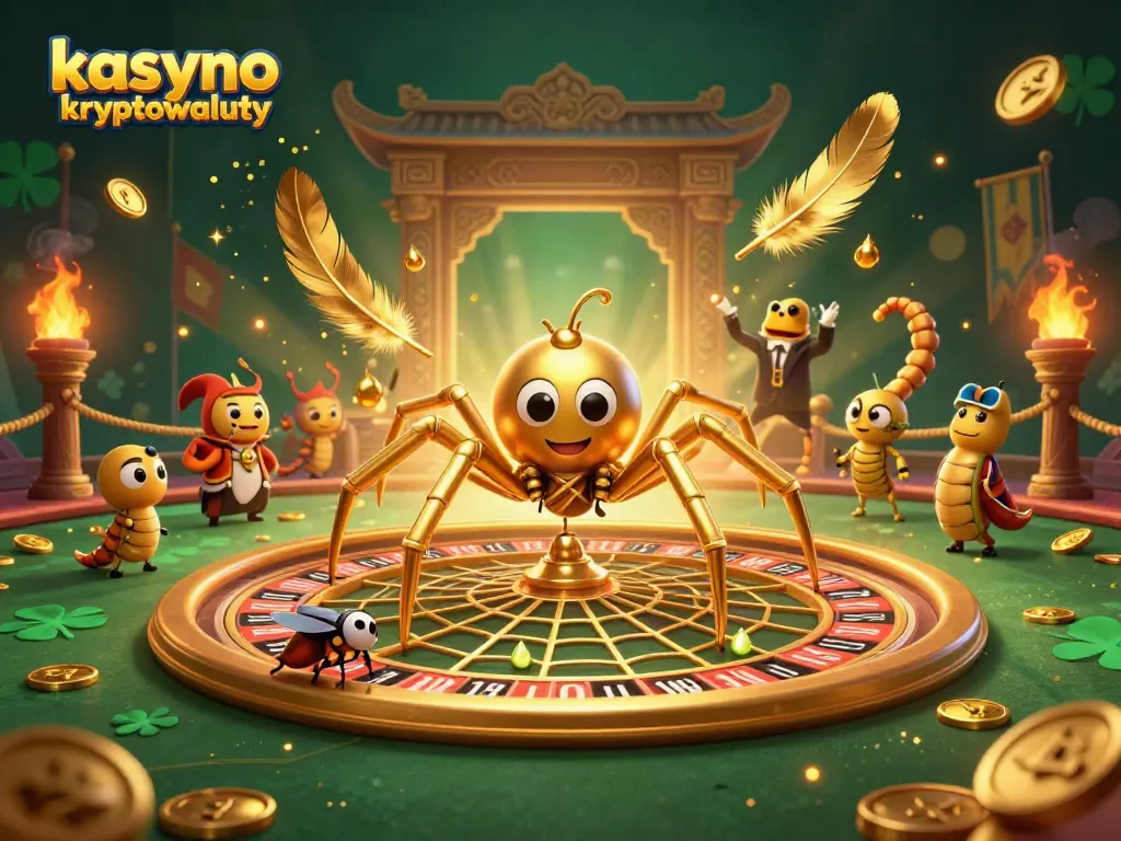 Experience lively kasyno kryptowaluty action with a golden spider and unique croupier in a vibrant casino scene.