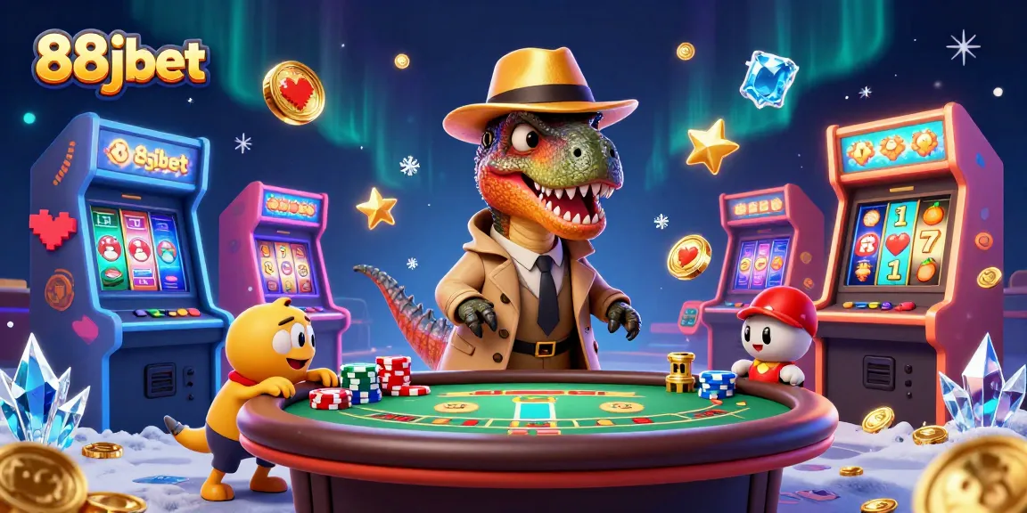 Experience the thrill of 88jbet with lively cartoon characters engaging in blackjack amidst vibrant gaming machines.
