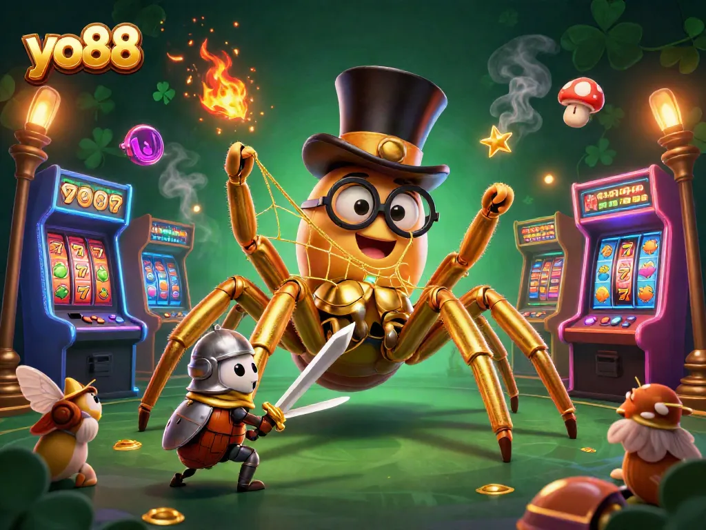 Engage with yo88's vibrant gaming scene showcasing a golden tarantula and beetle knight set in a lively casino