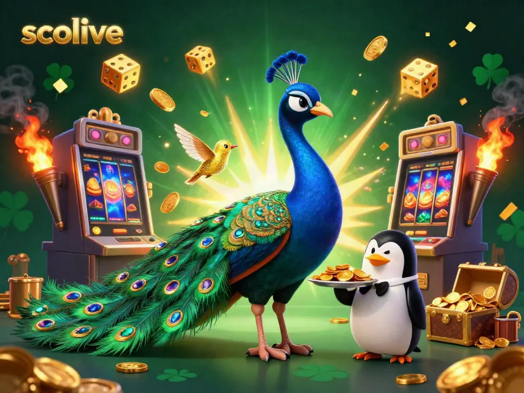 Socolive's vibrant scene depicts an aristocratic peacock with a gem tail, surrounded by casino elements like a slot machine.