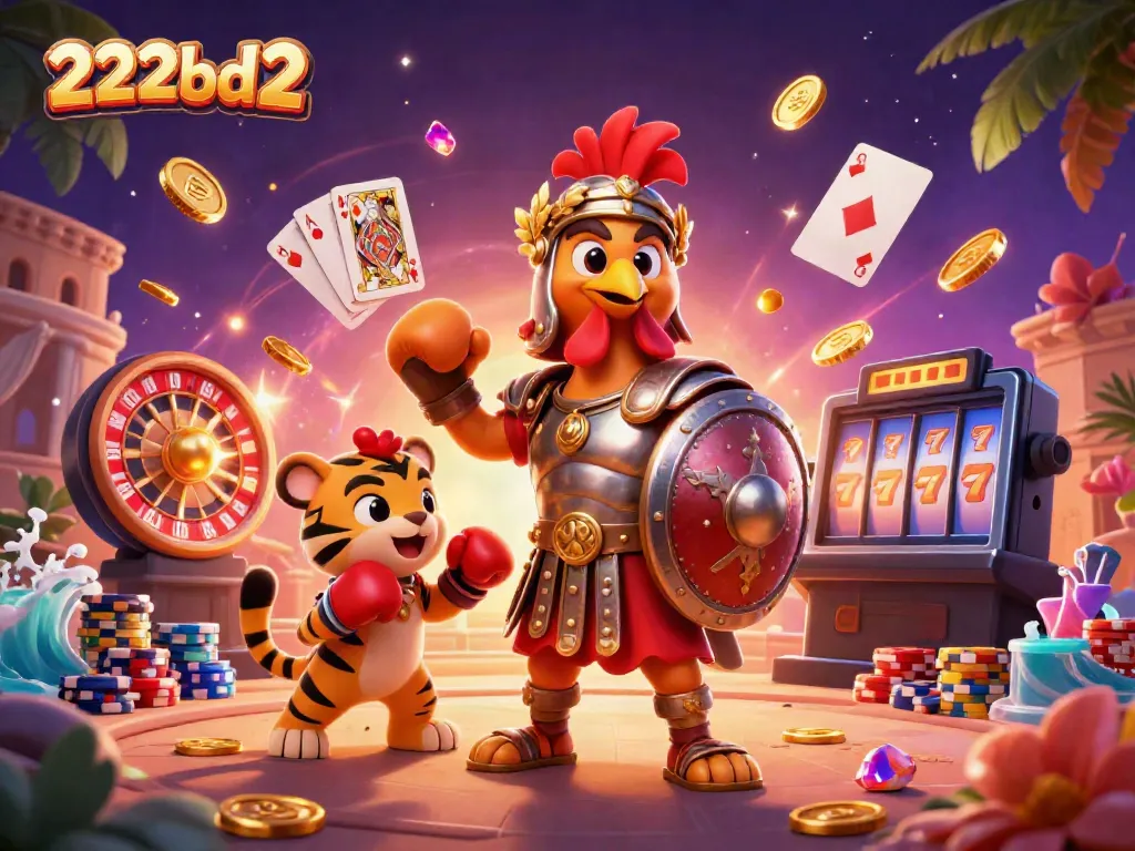 Engage in thrilling gameplay at 222bd2 with a 3D gladiator rooster in a vibrant casino scene.