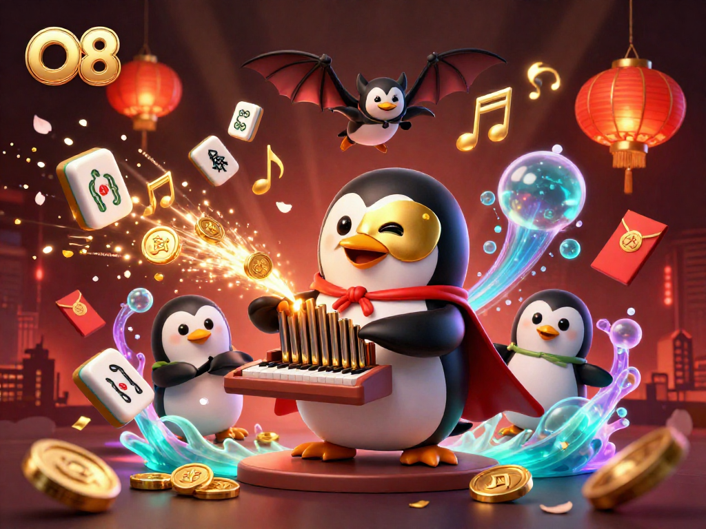 O8 showcases a phantom penguin and bat acrobat producing golden coins in a vibrant casino scene.