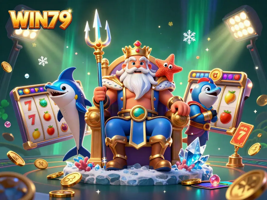 Experience the exciting WIN79 casino with vibrant 3D cartoon elements showcasing thrilling slot jackpots and game symbols.