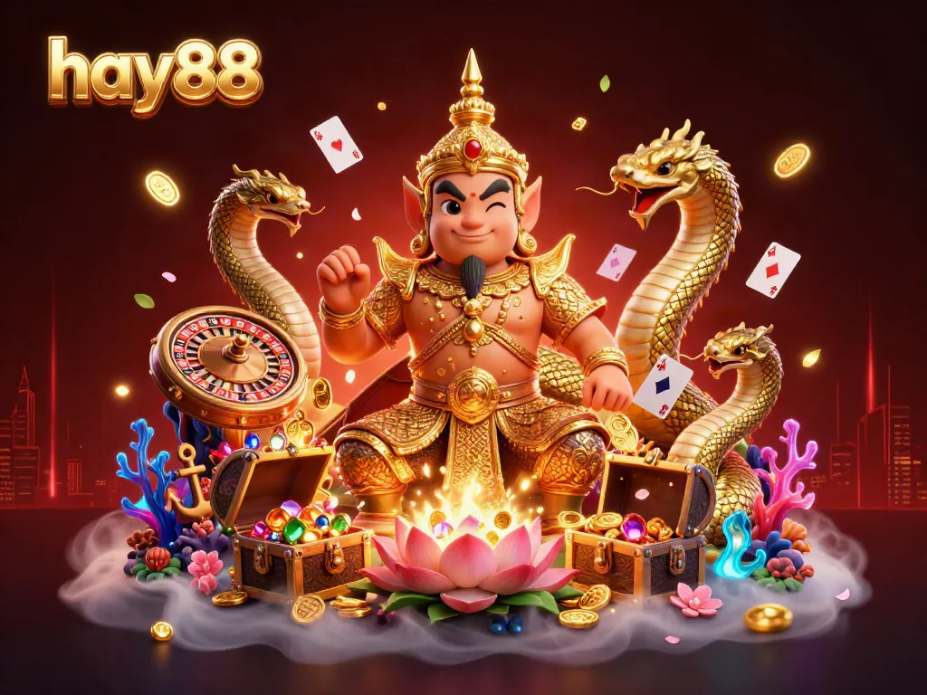 Experience thrilling gaming action with hay88 in an ultra-detailed 3D casino scene featuring mythical guardians and lavish treasures.