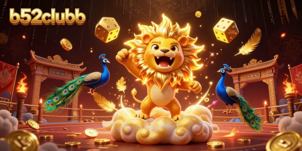 Bets with b52clubb in a vibrant scene featuring a sun lion and golden dice among luxurious casino elements.