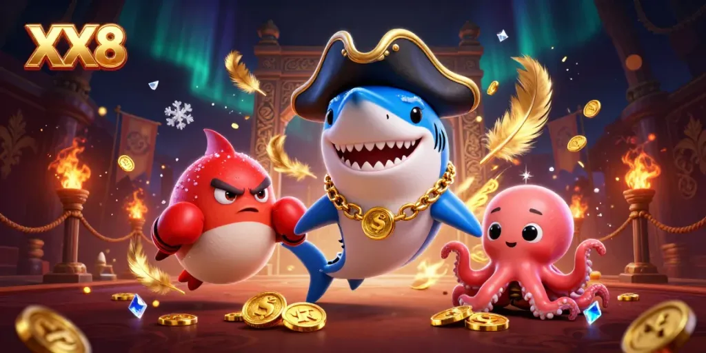 Join the exciting world of XX8 with a vibrant 3D illustration showcasing playful sea creatures amid casino games.