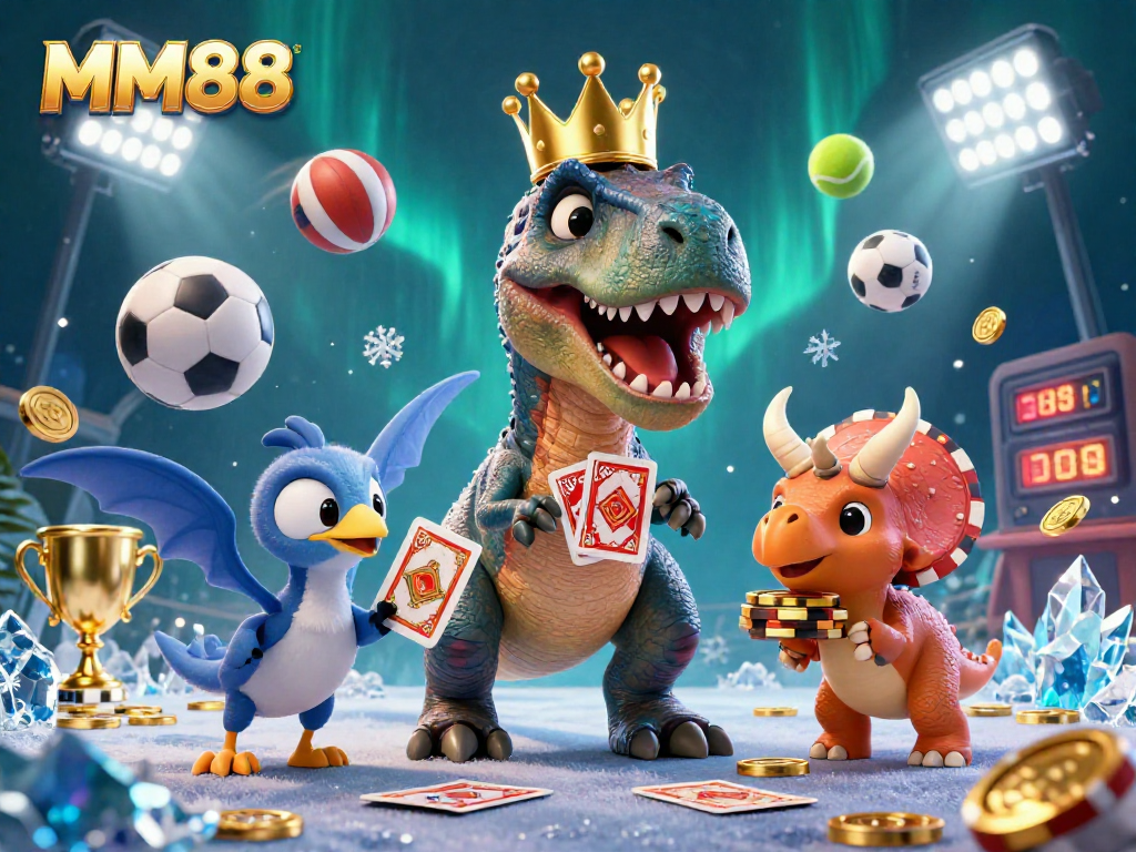 Experience thrilling card games at MM88 with a fun dinosaur dealer showing excitement.