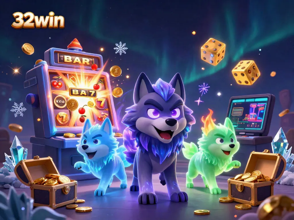 Experience the thrill of 32win with vibrant casino elements and enchanting wolves in 3D.