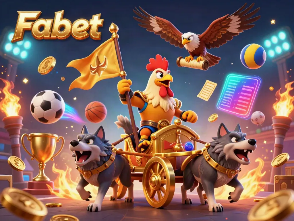 Immerse in Fabet's thrilling world of online gambling with this vibrant 3D illustration depicting a rooster warlord leading a dynamic betting scene.