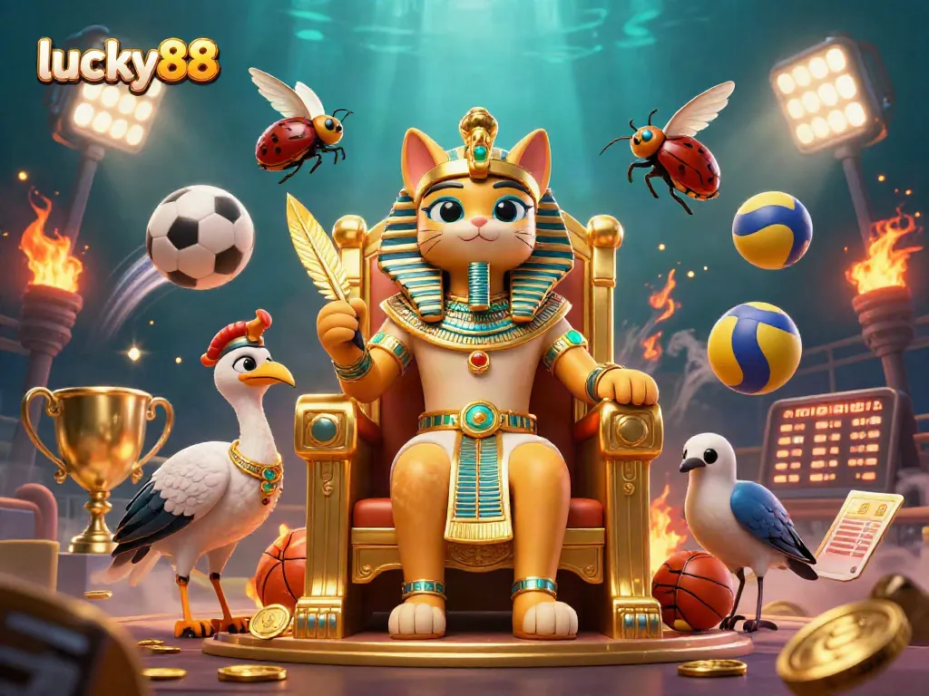 Experience the thrill of lucky88 with an Egyptian pharaoh cat, sports elements, and illuminating decorations in a vibrant casino illustration.