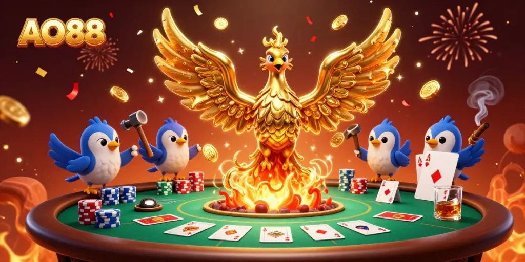 Experience the excitement of AO88 with a golden phoenix rising from molten metal, surrounded by a vibrant poker scene.