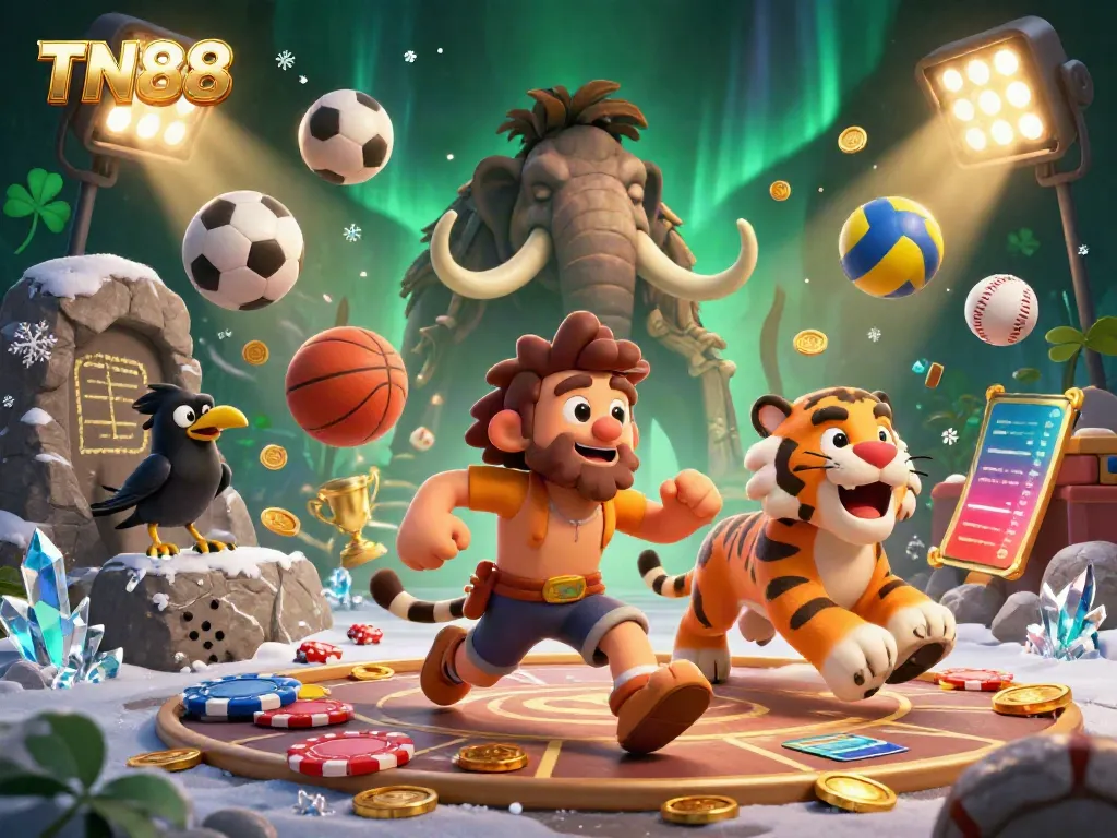 Experience the dynamic TN88 prehistoric casino scene with cavemen, sports elements, and gold coins in action.