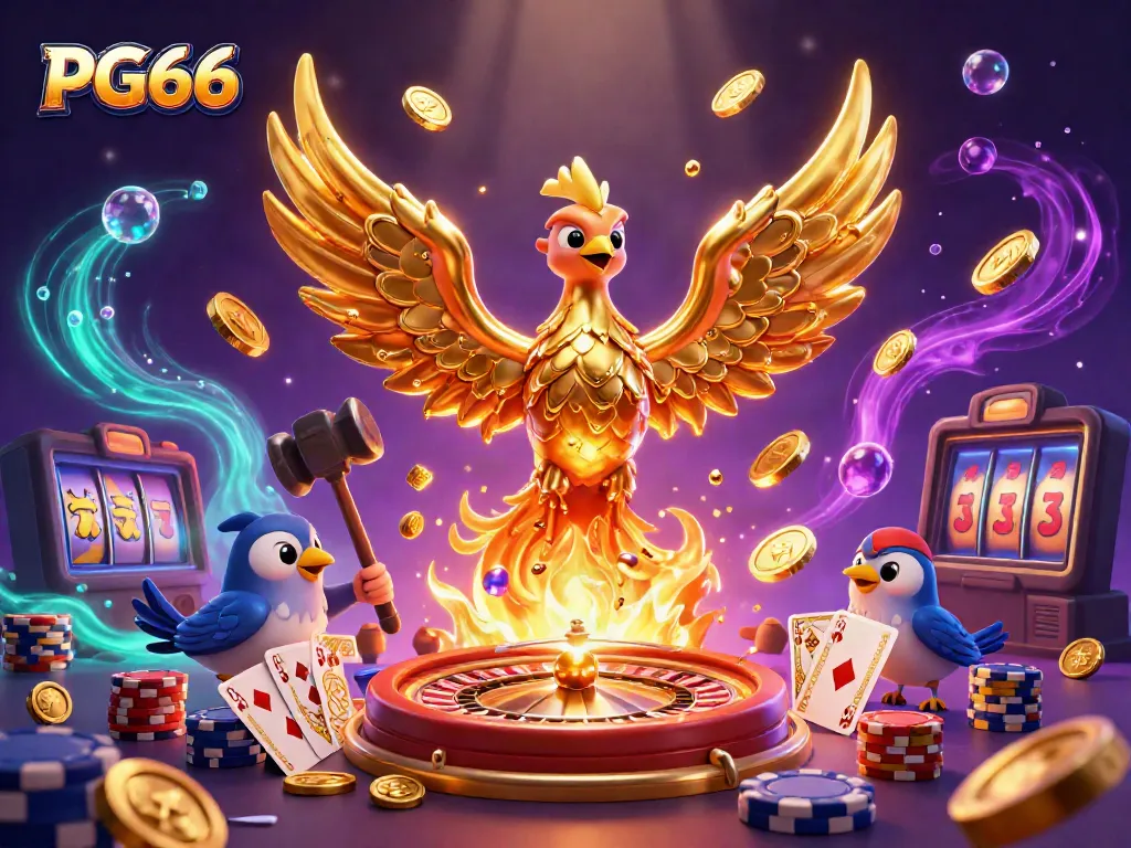 Experience the excitement of PG66 with a stunning illustration of a molten gold phoenix amidst dynamic casino elements.