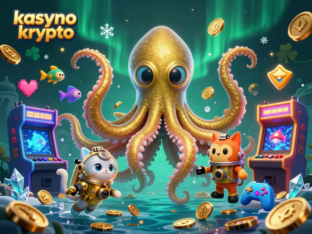 Engage with kasyno krypto in a vibrant, immersive gaming scene featuring a kraken, diving cat, and neon arcade elements.