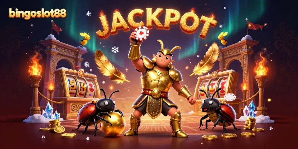 Bermain di bingoslot88, simbol jackpot bersinar dengan koin emas yang bertebaran