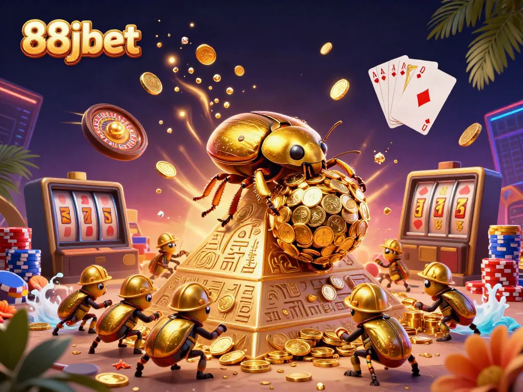 Engage with 88jbet in a vibrant casino-themed scene featuring golden coins and dynamic gaming elements.