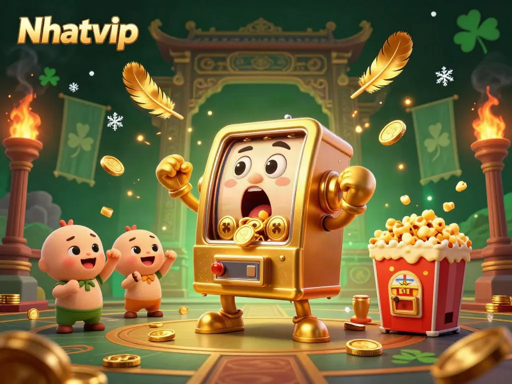 Nhatvip slot machine celebrating a jackpot win amidst a vibrant casino backdrop.