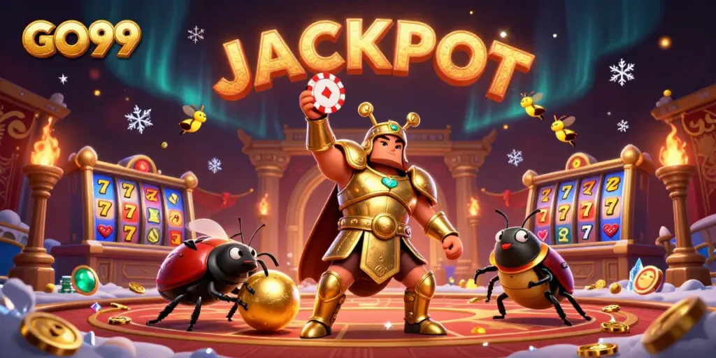 Experience the excitement of GO99 with a victorious beetle scene amidst a dynamic casino environment.