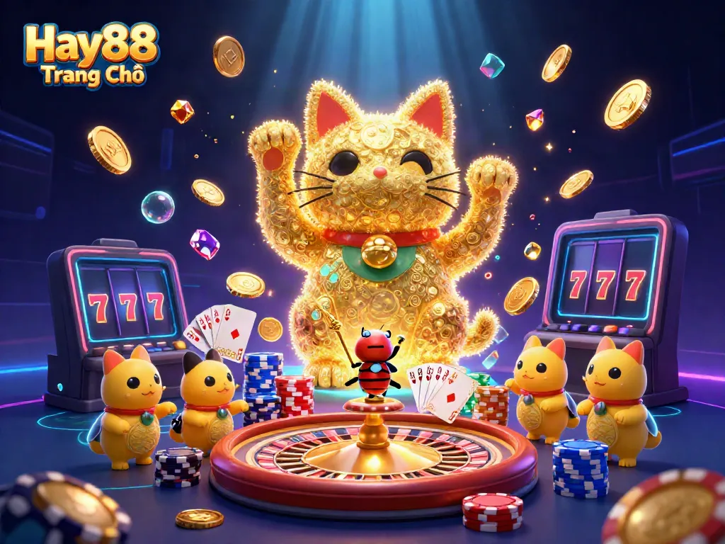 Experience the excitement of Hay88 Trang Chủ with vibrant casino visuals featuring a lucky cat and dynamic game elements.