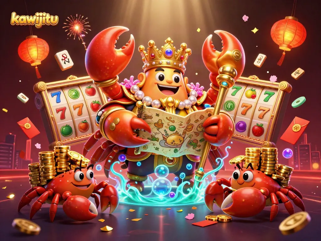 Menangkan peluang di kawijitu dengan ilustrasi kasino yang menampilkan kepiting emas dan pelayan krustasea.