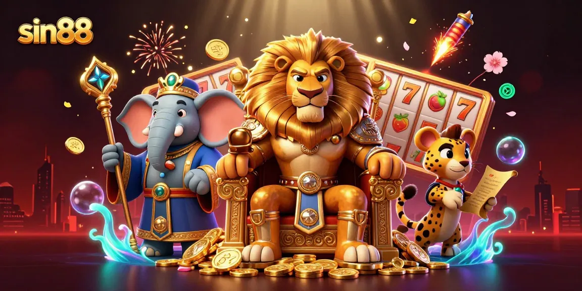 Play thrilling slots with sin88, a vibrant casino scene featuring a lion king and sparkling elements.