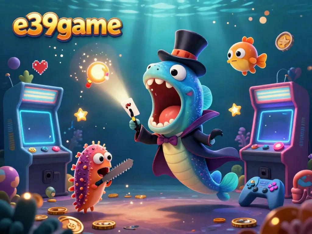 e39game's vibrant 3D casino scene features an eel magician performing card tricks surrounded by animated gaming elements.