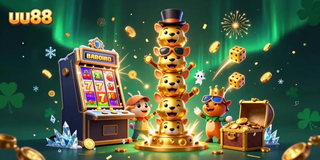 Experience thrilling gaming excitement at uu88 with a vibrant casino-themed illustration featuring winning symbols.