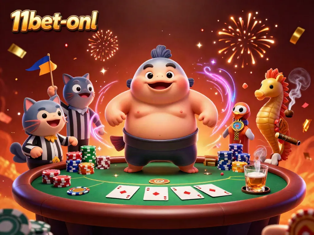 Experience thrilling moments at 11bet-onl with an exciting poker scene featuring unique characters.