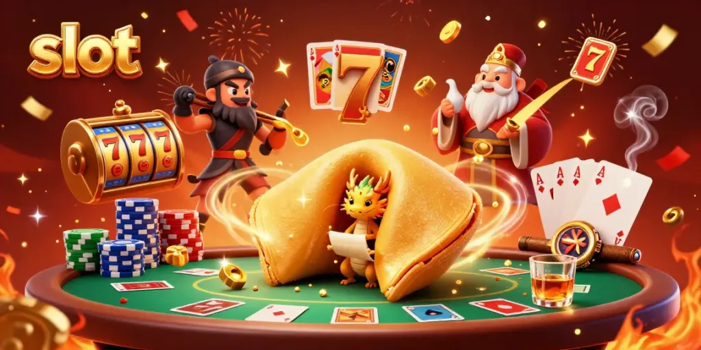 Engage with slot adventures featuring a dragon, golden fortune cookie, and casino elements.