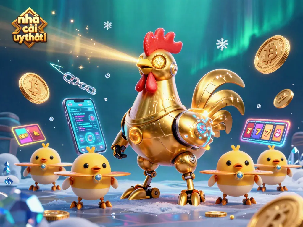Engage with nhà cái uy tín in an exciting 3D casino scene featuring golden rooster robot and crypto elements.