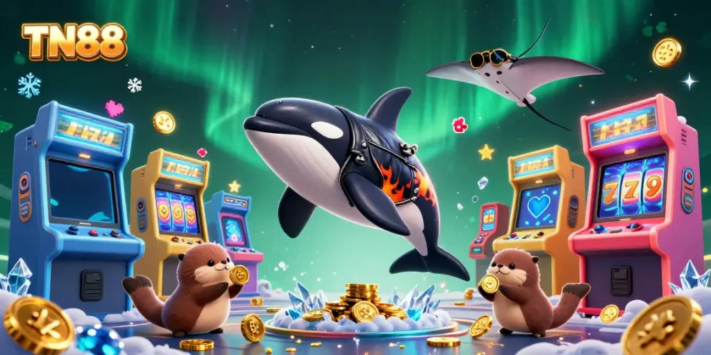 Engage in the TN88 casino experience with vibrant characters and gaming elements in an enchanting 3D scene.