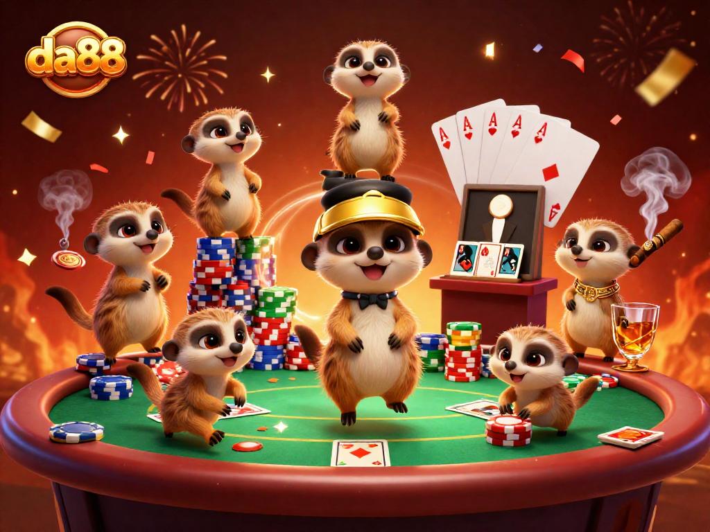 Experience the excitement at da88 with meerkats managing a vibrant casino scene filled with poker action.