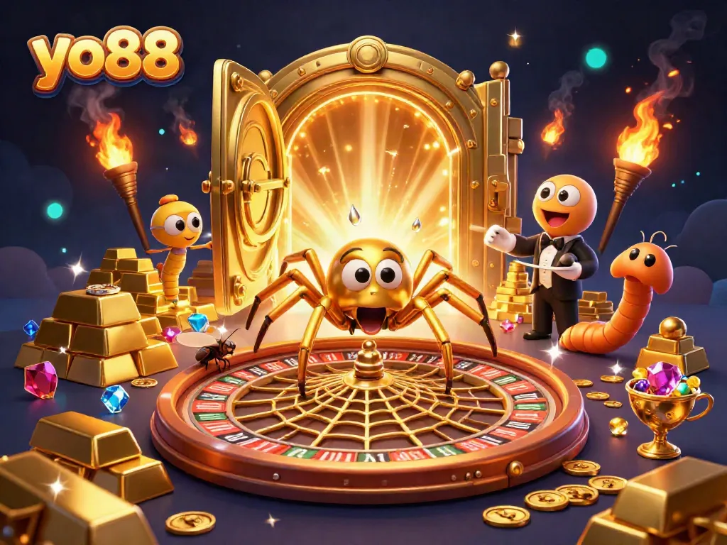 Experience excitement at yo88 with a golden spider spinning a roulette wheel web, while treasures burst forth.