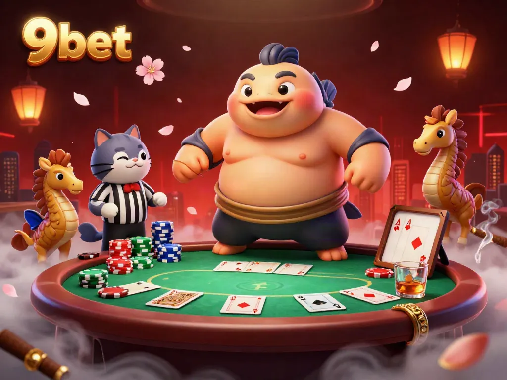 Bet big with 9bet in a thrilling underwater poker match featuring a fugu and wise catfish referee.