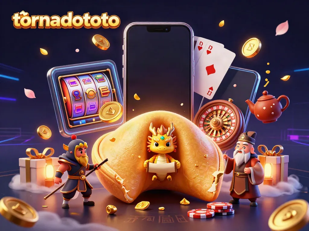 Experience tornadototo's vibrant luck with a whimsical scene of fortune cookies and dazzling casino elements.