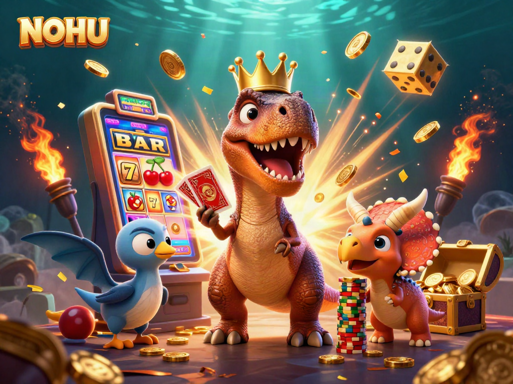 Engage with NOHU, a vibrant casino scene featuring a friendly T-Rex and dynamic gambling elements.