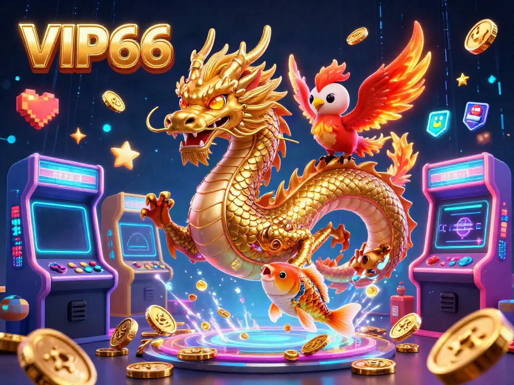 Experience thrilling entertainment at VIP66 with a vibrant dragon, phoenix, and koi fish amidst casino elements.