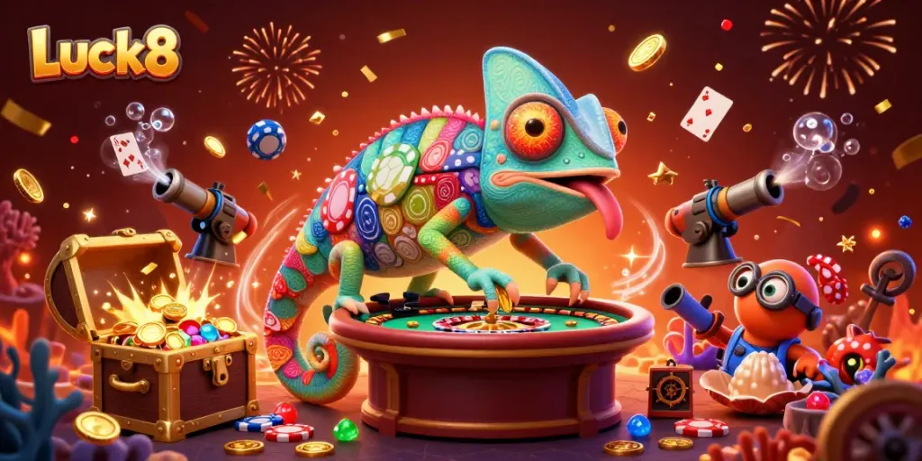 Luck8 chameleon casino owner actively engaging in treasure adventures, showcasing vibrant casino action.
