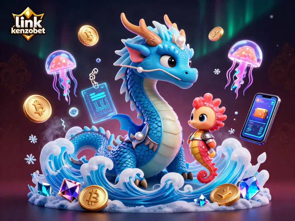 Engage with link kenzobet in a vibrant casino scene featuring a majestic water dragon and neon jellyfish.