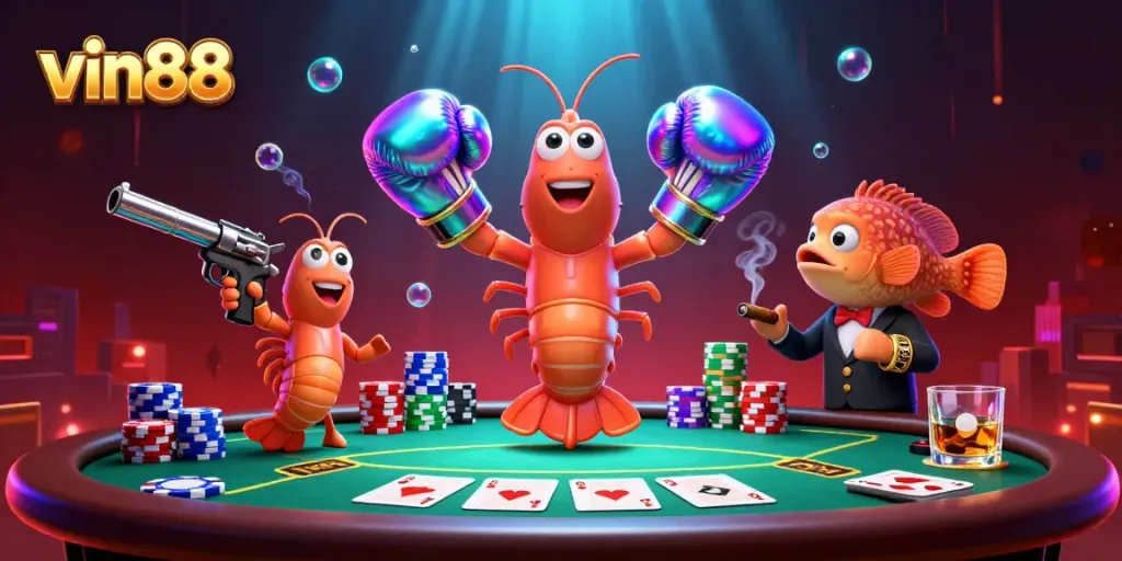 vin88 showcases a dynamic scene of poker excitement featuring a mantis shrimp, pistol shrimp, and announcer
